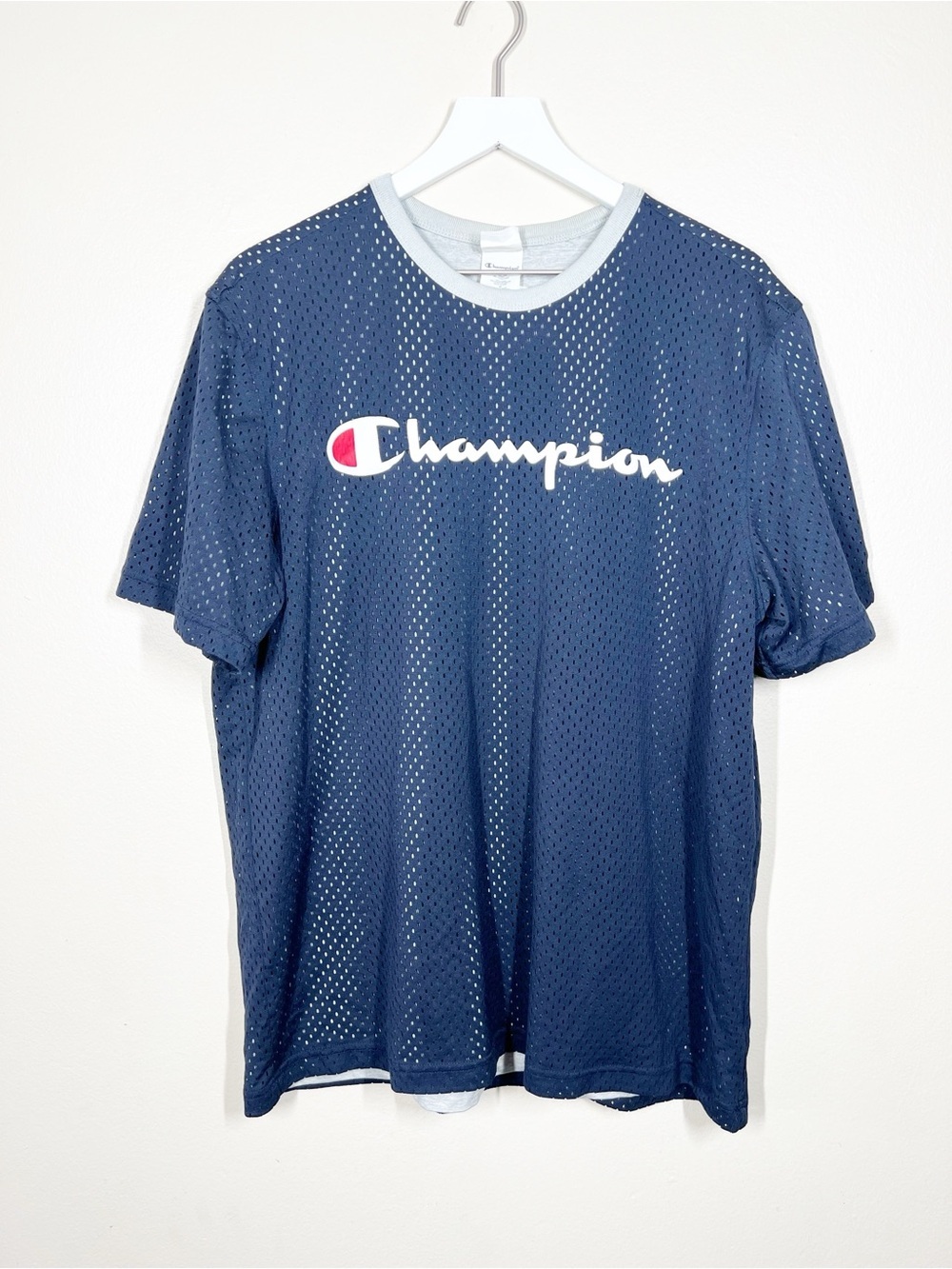 Champion Men’s Reversible Mesh T-Shirt Double Dry Moisture Navy Blue Gray XL